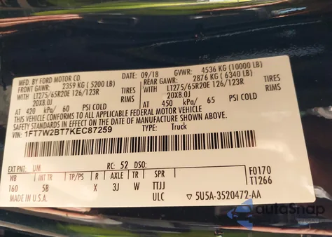 2019 Ford F-250 Lariat from USA, damaged, VIN 1FT7W2BT7KEC87259